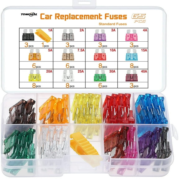 TOMORAL 65 Pcs Standard Fuses for Car Replacement Fuse, 1A 2A 3A 4A 5A 7.5A 10A 15A 20A 25A 30A 40A