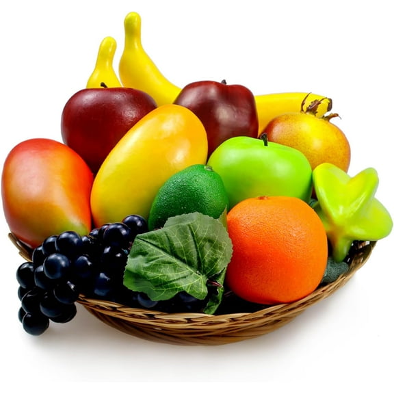 12 Pcs Artificial Fruits, Fake Fruit Decoration Realistic Faux Fruit Food Display, Imitation Fruit for Decor Kitchen Table Fruit Basket, Fake Apples Banana Orange Grape Mango Pomegranate