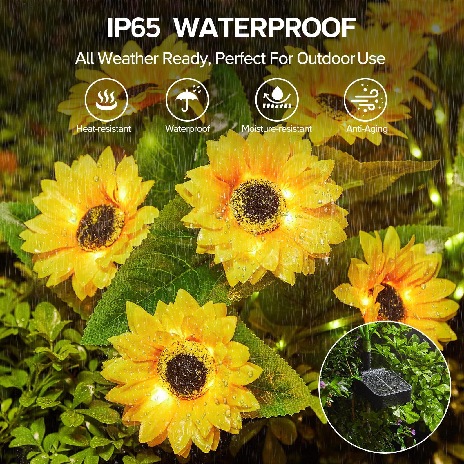 4 Pack with 24 Solar Sunflower Lights Outdoor Waterproof, Bright Solar Sunflower Lights for Lawn Yard Pathway
