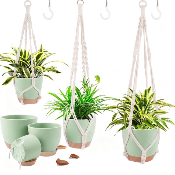 West Bay 3 Set Hanging Planter with Macrame Plant Hangers Indoor Outdoor, Hanging Baskets for Plant, Flower Self Watering Pots Holders (Green)