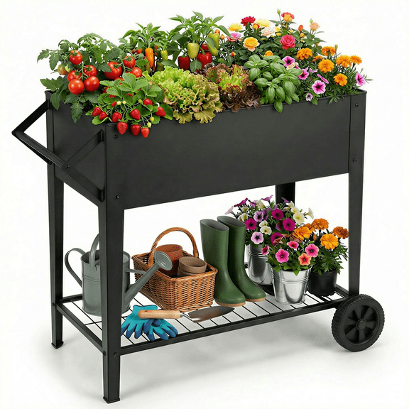 Raised Garden Bed Outdoor Galvanized, Heavy-Duty 32" Tall Raised Garden Bed with Wheels & Shelf, Durable Anti-Rust Steel Planter Box for Vegetables/Herbs, Patio-Balcony-Backyard