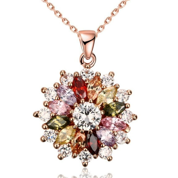 1pc Real Rose Gold Plated Brass Cubic Zirconia Flower Pendant Necklaces Colorful 19.7 inch Colorful