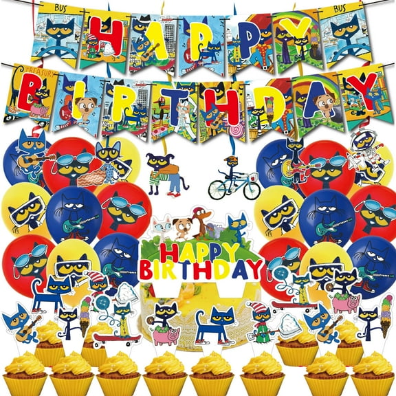 38 Pcs For Pete Cat Party Decoration Set – Includes Banner, 6 Spiral Ornament, 18 Balloons, and 13 Cupcake Toppers for Themed Celebrations