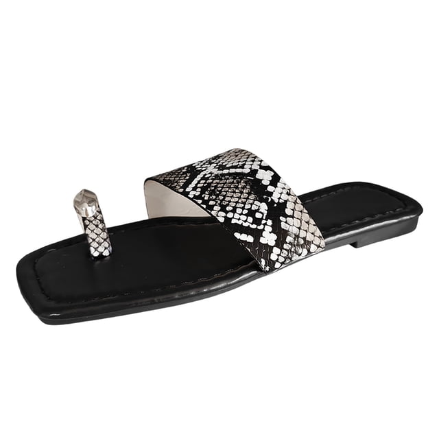 IUJSOY Ring Toe Flat Sandals for Women Summer Slip on Square Toe Snakeskin Printed Beach Slippers