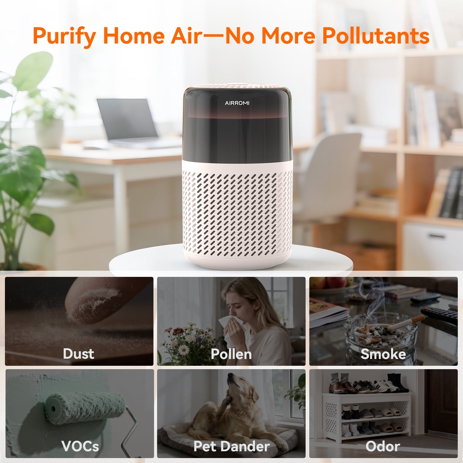 AIRROMI HEPA Air Purifier for Pet Owners, Included Activated Carbon Filter, Air Cleaner with Night Light for Allergies and Asthma Suffers,A2005,Beige