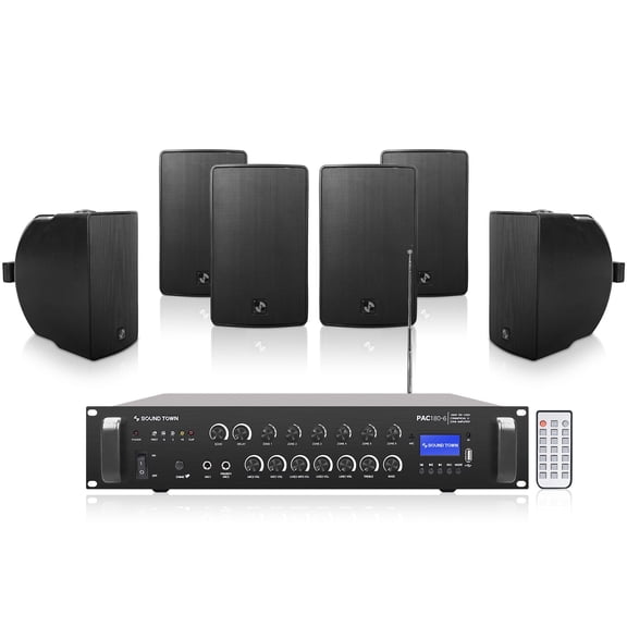 Sound Town Commercial Restaurant Bluetooth Amplifier   Surface-Mount Speaker Set, with One 6-Zone 70V/100V Amplifier with Bluetooth, 6 x 6.5-Inch Surface-Mount Speakers, Black (PAC180X6TV6B)