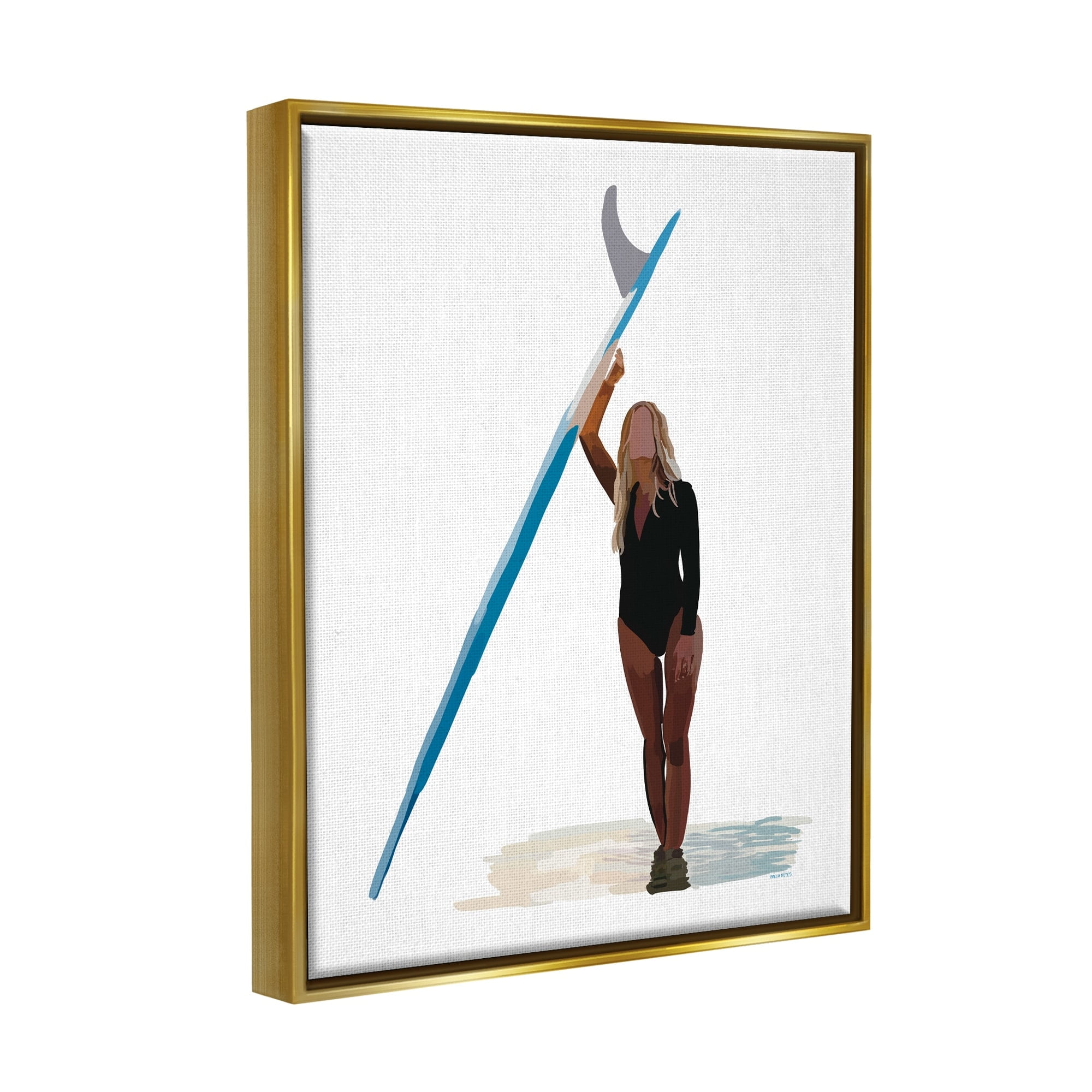 Stupell Industries Athletic Surfing Girl Ocean Beach Summer Sport Graphic Art Metallic Gold Floating Framed Canvas Print Wall Art, Design by Amelia Noyes