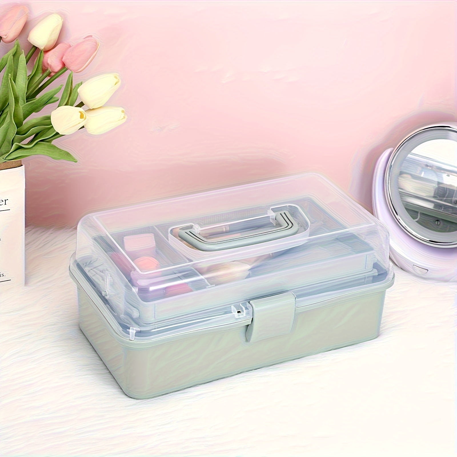General 3-Layer Multifunctional Craft Storage Box with Adjustable Dividers, Portable Foldable Storage Bin for Art Supplies Tools Medicine, Durable Plastic, Pink/Green/White