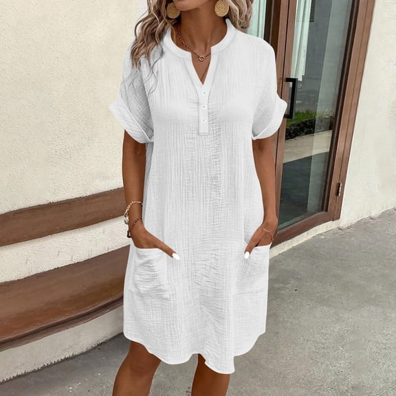 Xdegoge Casual Dress for Women Loose Fit Short Sleeve Split V-Neck Shift Dress Button Down Knee Length Dresses Solid Color Office Work