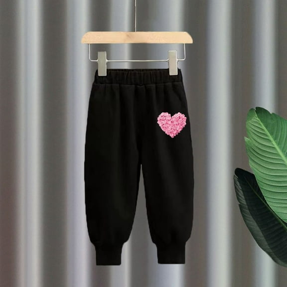 CheerKidz Toddler Boys and Girls'Solid Color Heart Print Sweatpants 1-11 Years Cute Trousers for Kids,Ideal for Lightweight Comfort and Stylish Wear(Black,2 Years)
