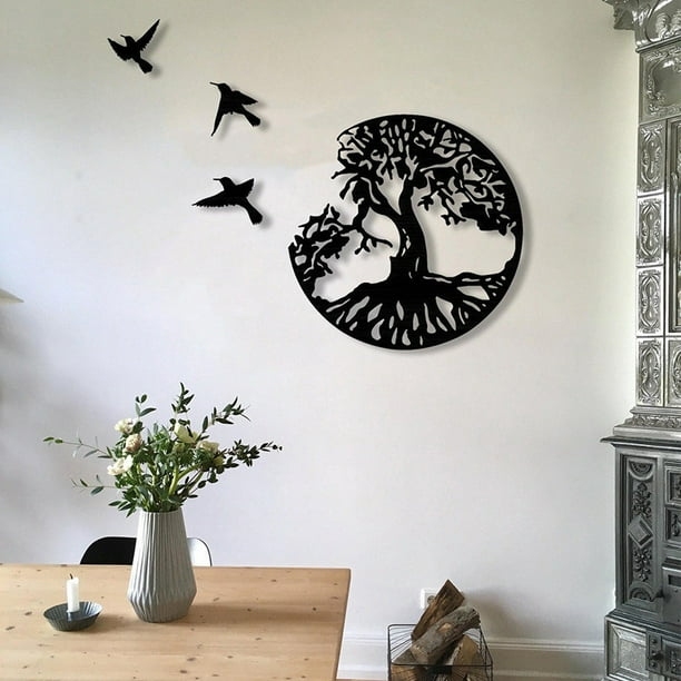 Art Mural en Métal Arbre De Vie avec Oiseaux Déco Noir - 28CM/11.02in Décoration  Murale Arbre De Vie Deco Metal Murale Moderne Signe De ​Famille Arbre en  Métal Décoration D'intérieur 