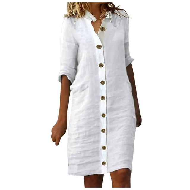 Kcodviy Robe Chemise Jupe Midi pour Femmes, Robe d'Été Décontractée pour Femmes, Boutonnée, Manches 1/2, Robe d'Été Trapèze pour Femmes, Col à Revers, Robe Décontractée