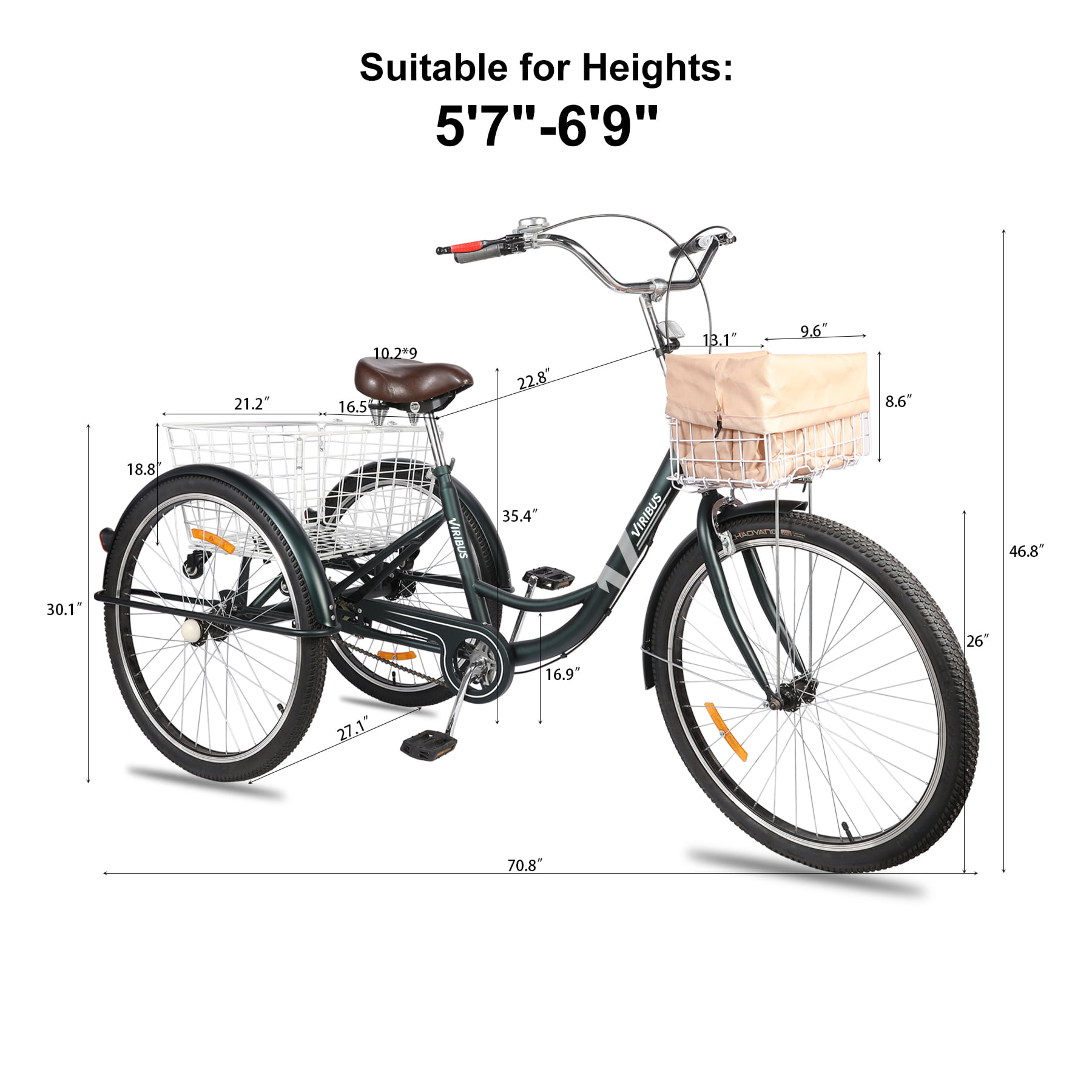 Large Cruiser Seat HIRAM Adult Tricycle with Rear Basket Front and Rear Fenders Water-Proof Bag and Bicycle Bell Single Speed 24/26 Wheels Trike with Low Step-Through Steel Frame 