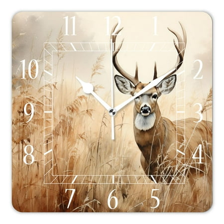 12 Inch Wall Clock Battery Operated Square Clock Decorative for Office, Kitchen, Outdoor, Living Room,Whitetail Deer Fawn in Wilderness Countryside