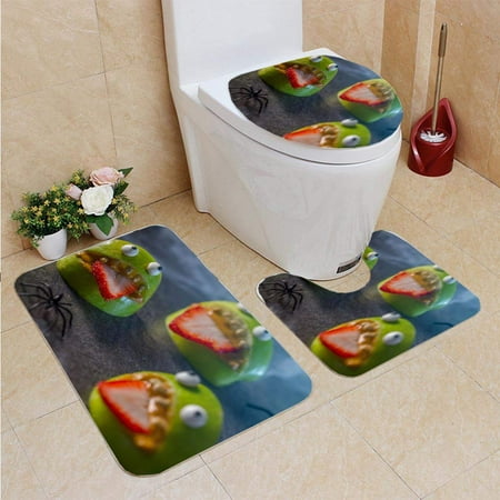 CHAPLLE Healthy Halloween Apple Monsters Fruit Kids Treat 3 Piece Bathroom Rugs Set Bath Rug Contour Mat and Toilet Lid Cover