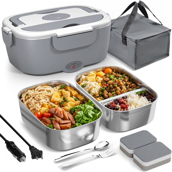Sitlais Electric Lunch Box Food Heater for Work - 12V/24V/110-220V Food Warmer for Car Truck Outdoor with 2 Packs Stainless Steel Containers Potable Heating lunch Box for Adults Camping(grey)