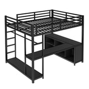 Bellemave Metal Loft Bed with L-shaped Desk and Storage, Queen Size Loft Bed Frame with Open Wardrobe and Shelves, Space-saving Loft Bed for Teens Adults (Queen, Black)