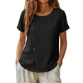 thumbnail image 5 of GUACER Blouses for Women Short Sleeve Cotton Linen Casual Round Neck Button Down Tops Relaxed Fit Shirts, 5 of 7