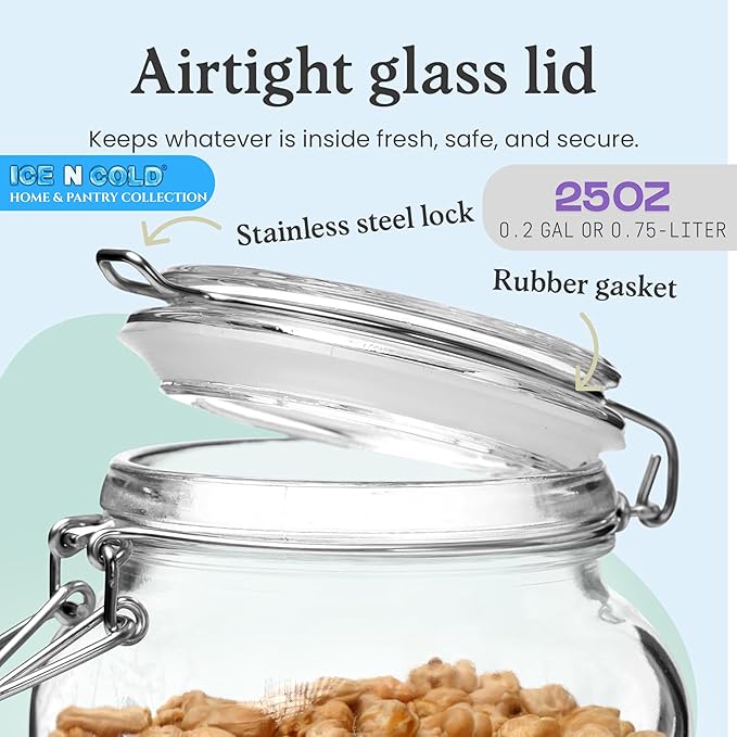 Airtight Glass Storage Jars with Clamp Lid – Food Storage Containers with Rubber Gasket Seal – Pantry & Kitchen Canisters for Dry Goods, Coffee, Sugar, Pasta – 0.4L to 2.2L Sizes (2, 25oz | 0.75L)