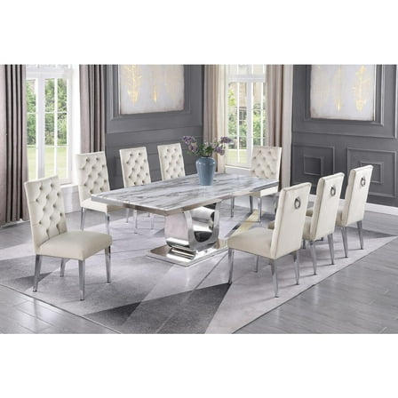 Silver Stainless Steel 9 Piece Dining Set w Marble Table and Cream Chairs