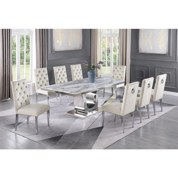 Silver Stainless Steel 9 Piece Dining Set w Marble Table and Cream Chairs