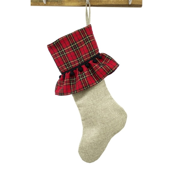 Holiday Tartan Plaid Ruffle Border Decorative Christmas Stocking (Plaid Pom Pom, 8"x19" Christmas Stocking)