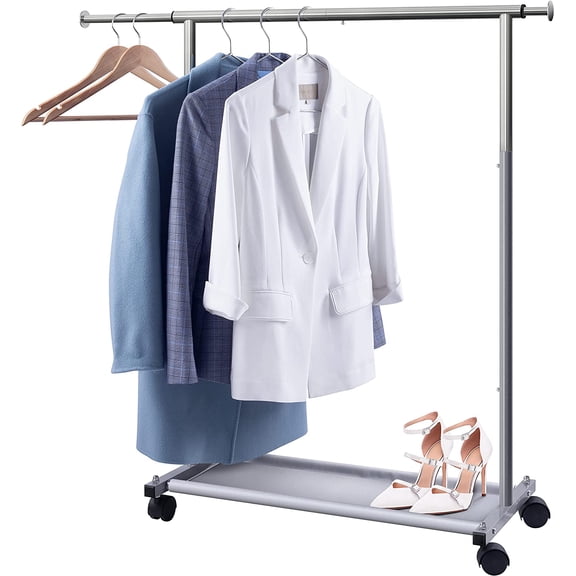 MISSLO Short Clothing Racks for Hanging Clothes with Bottom Shelves and Wheels Heavy Duty Rolling Clothes Rack Kids Clothing Rack for Adult Coat, Closet, Wardrobe
