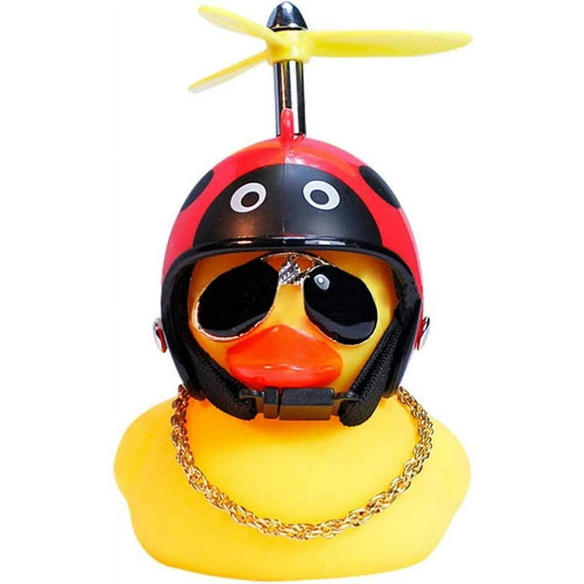 Adornos de coche de juguete de pato de goma, decoraciones de tablero de coche de pato amarillo, gafas de pato geniales con casco de hélice (mariquita)