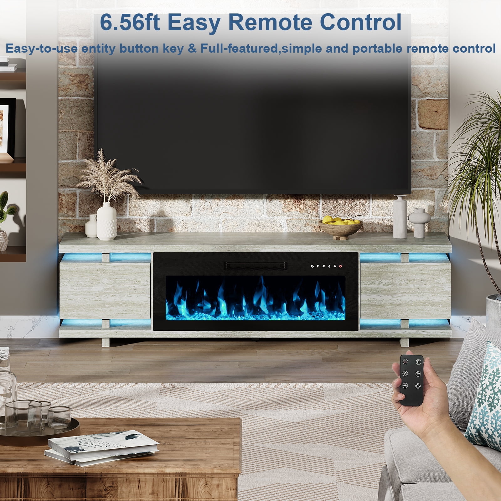 FAGAGA 69" Electric Fireplace TV Stands for TVs up to 80", LED Lights and Remote Control,Travertine
