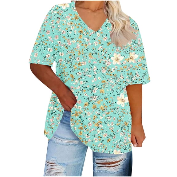 FAHXNVB Women's Plus Size V-Neck T-Shirts Soft Cotton Gradient Color Graphic Print Short Sleeve Tees Tops Spring Summer Fashion Casual Loose Shirts,XXXXL,Light Blue