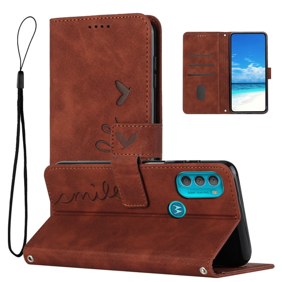 For Motorola Moto G71 Wallet Cover 5G, PU Leather Kickstand Credit Card Pocket Slots Wrist Strap Magnetic Folio Heart Patterned Embossed Flip Cover for Motorola Moto G71 5G, Brown