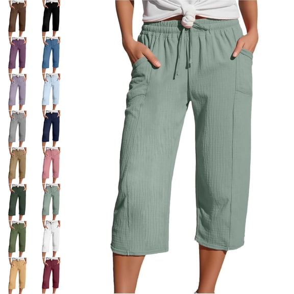 MLCDZ Yoga Capris with Pockets for Women Wide Leg Cotton Linen Plus Size Pants Casual Loose Comfy Drawstring Elastic Waist Mountain Climbing Cropped Pants