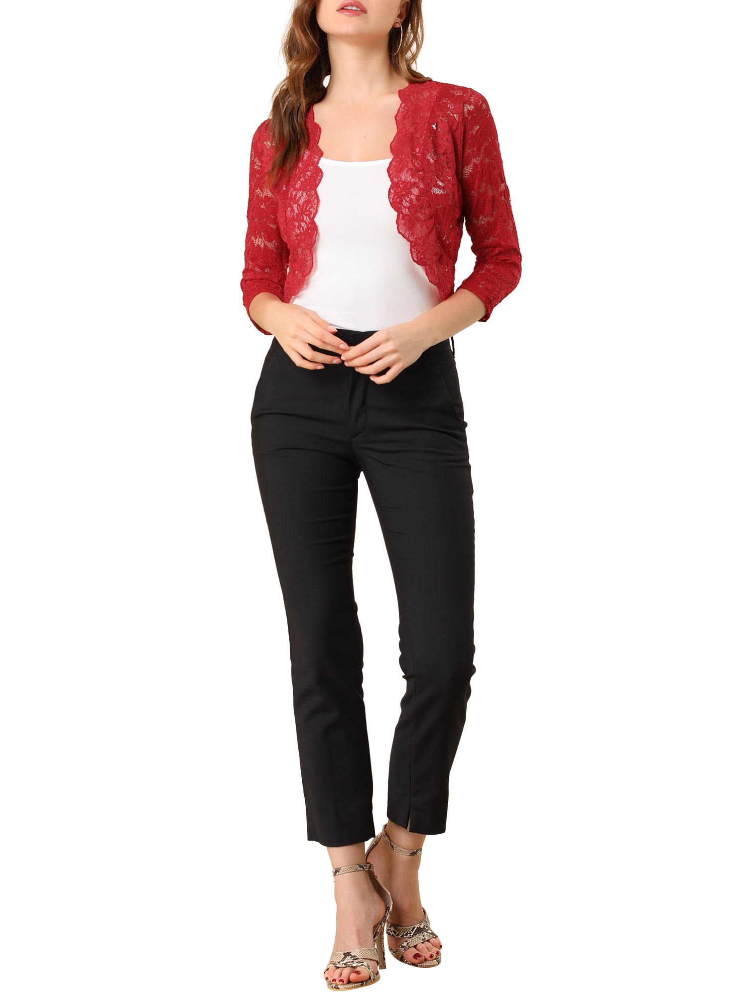 DARING DIVA 3/4 Sleeve Sheer Floral Lace Shrug Top XS Deep Red