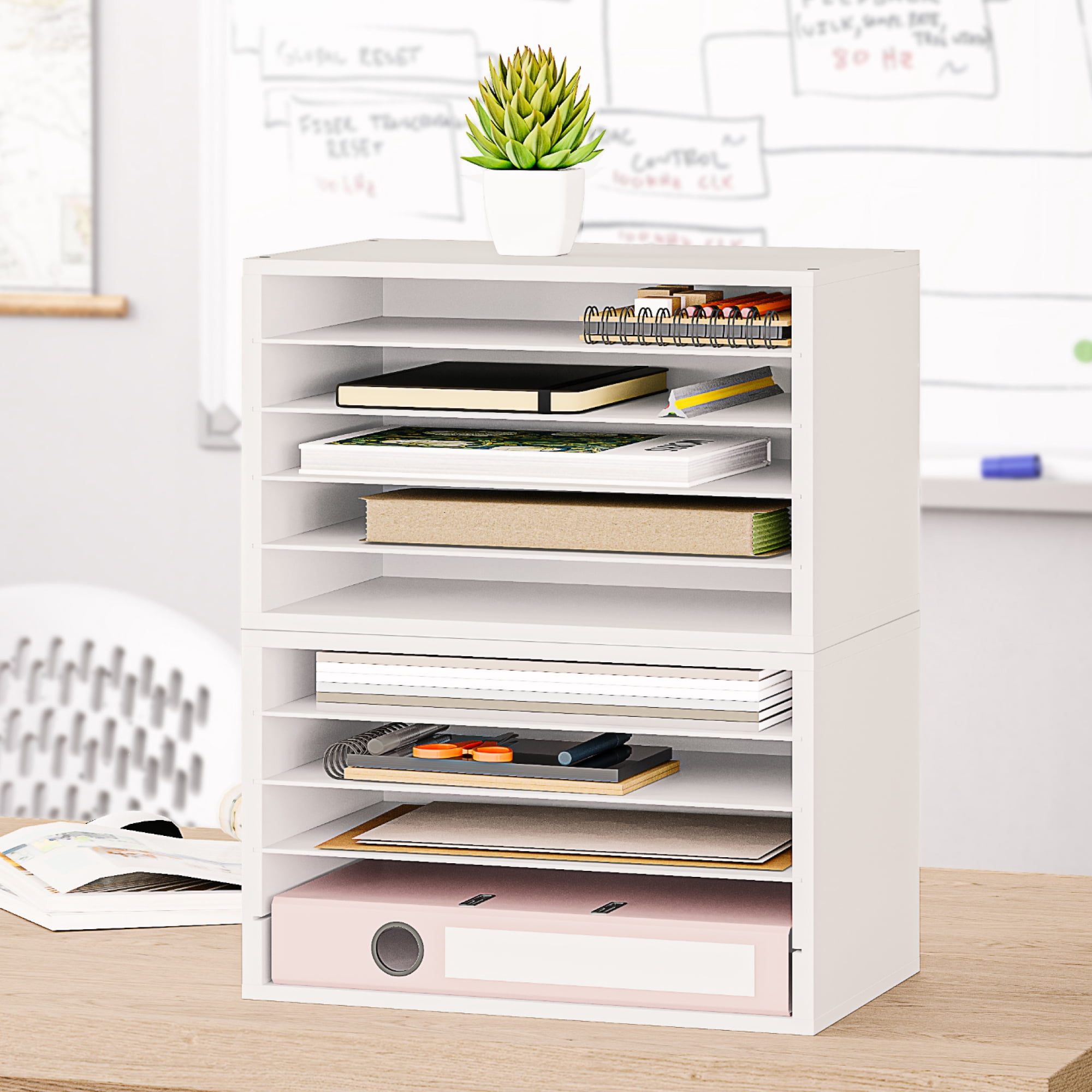 Ballucci 5 Tier Paper Organizer Letter Tray, Wood Desk File Organizer with Adjustable Shelves, Home Office School Letter/A4 Mail Sorter Magazine Holder - White