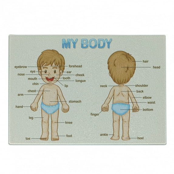 Science Cutting Board, Illustration of the Parts of the Body Names on Cartoon Boy, Decorative Tempered Glass Cutting and Serving Board, Small Size, Pale Blue Pale Brown, by Ambesonne