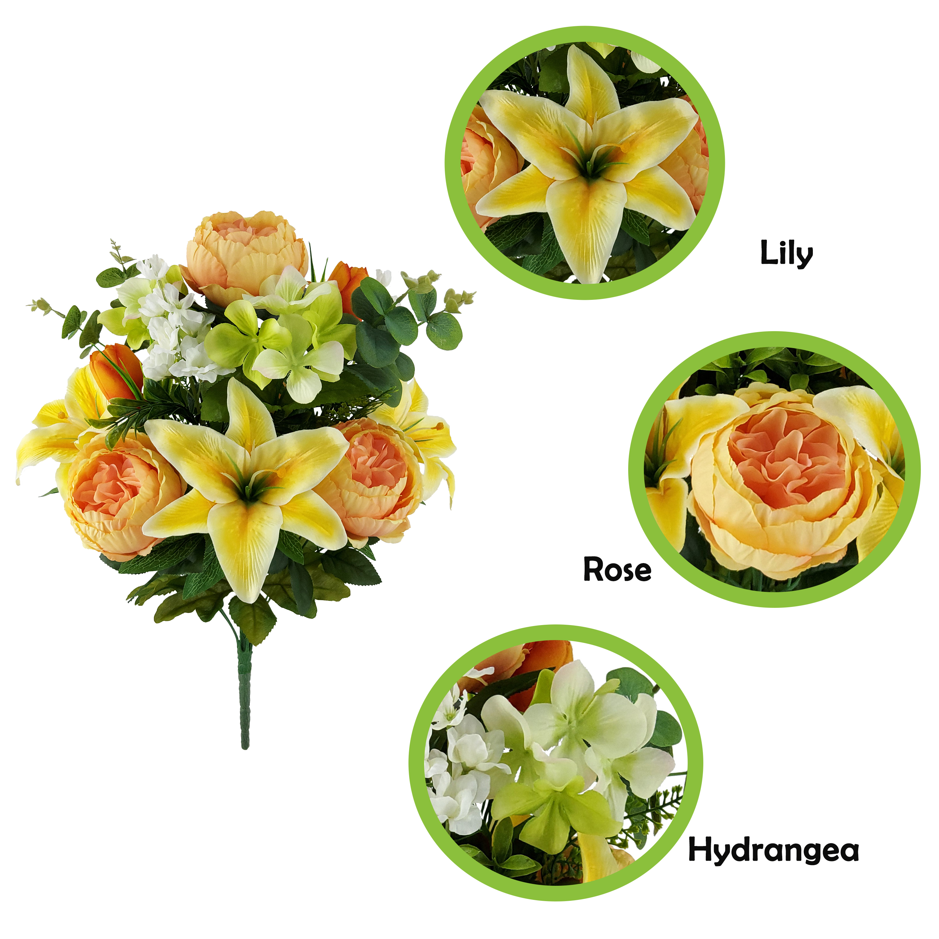 Mainstays 21 in Indoor/Outdoor Artificial Lily & Cabbage Rose Bouquet, Yellow