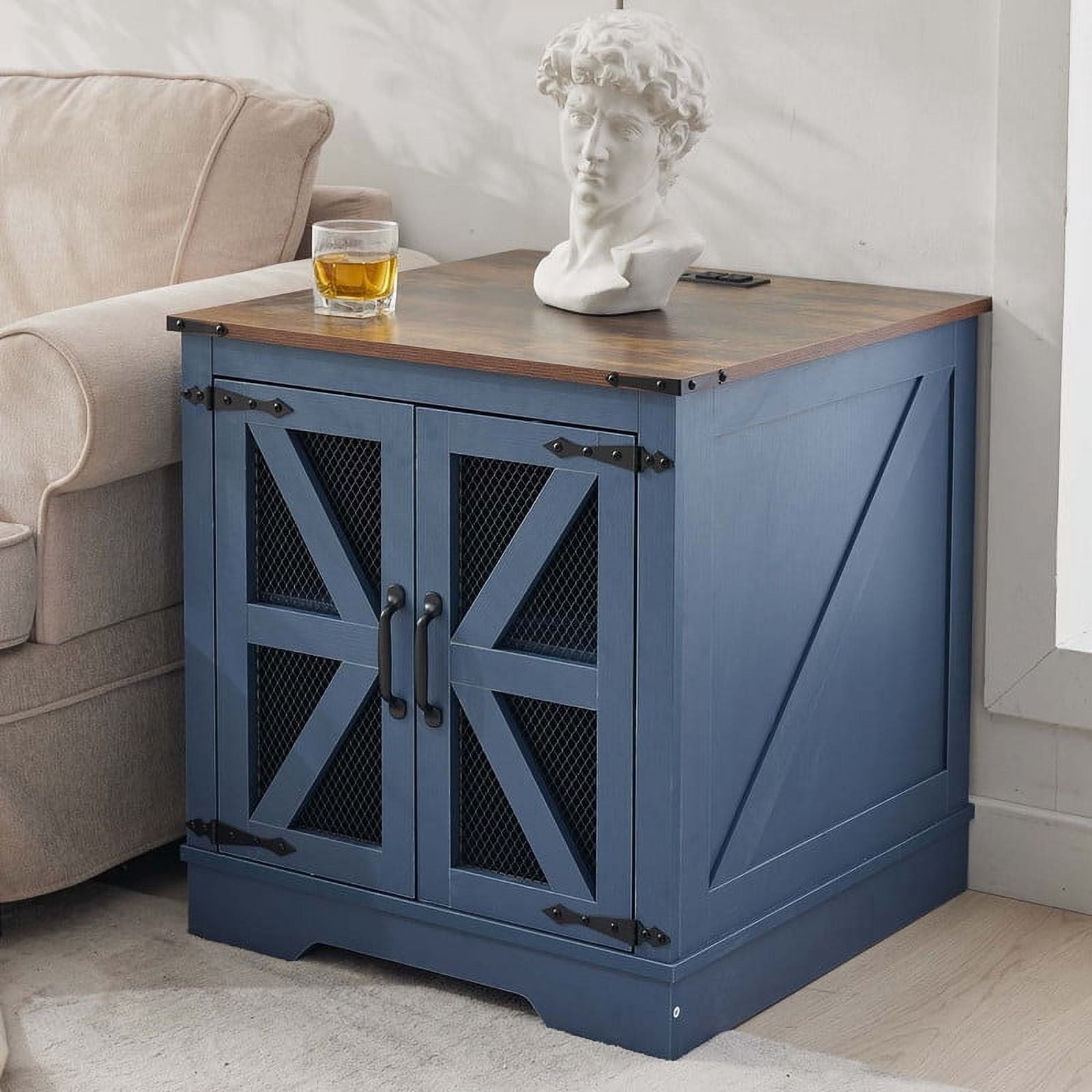 Farmhouse End Table with Charging Station, Nightstand with 2 Outlets & 2 USB Ports, Vintage Industrial Side Table,Blue