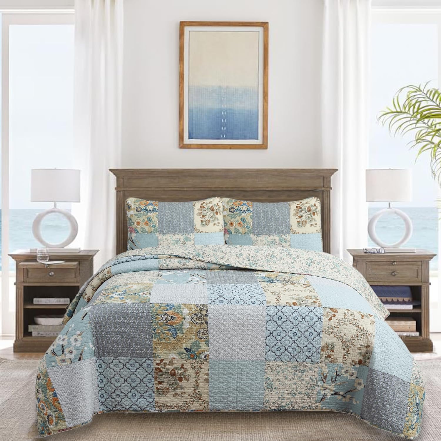 Ruffle Floral Blue Yellow Grey Stripe Reversible Cotton Twin Quilt  display picture 1