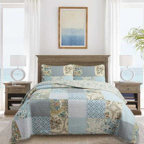 Sky Blue Floral Patens Ogee Patchwork Cotton King 3 Piece Quilt Bedding Set