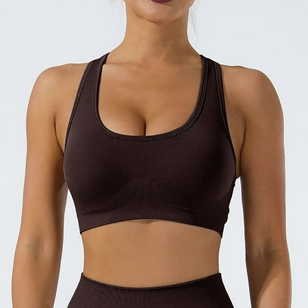 TrendVibe365 Supportive Sports Bras for Women Ribbed Knit Wirefree Push up Underoutfit Bralette Padded Racerback Crossover Back Halter Wide Strap Support Corset Full Coverage Comfort Lingerie Brown