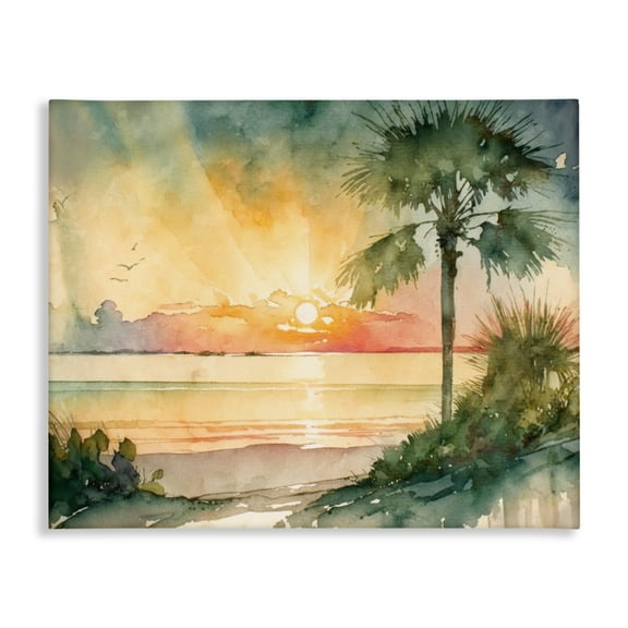 Stupell Industries Sunrise Through Palms Landscape & Nature Painting Wrapped Canvas Art Print Wall Art, 20 x 16