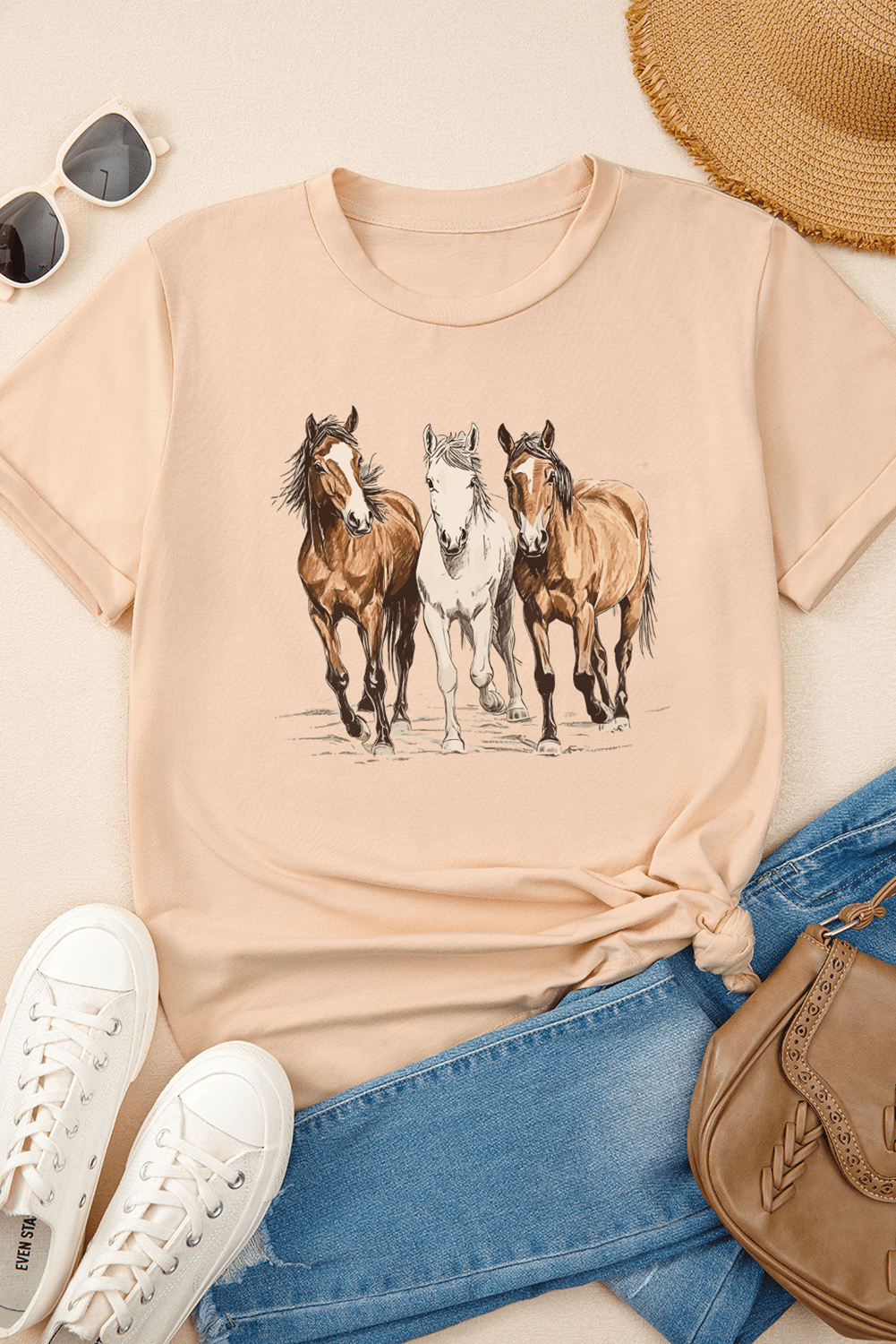 Women's Khaki Gallant Horses Printed Casual T-Shirt - Equestrian Style - [ZhiHiMeRi] | (US 20-22)2XL