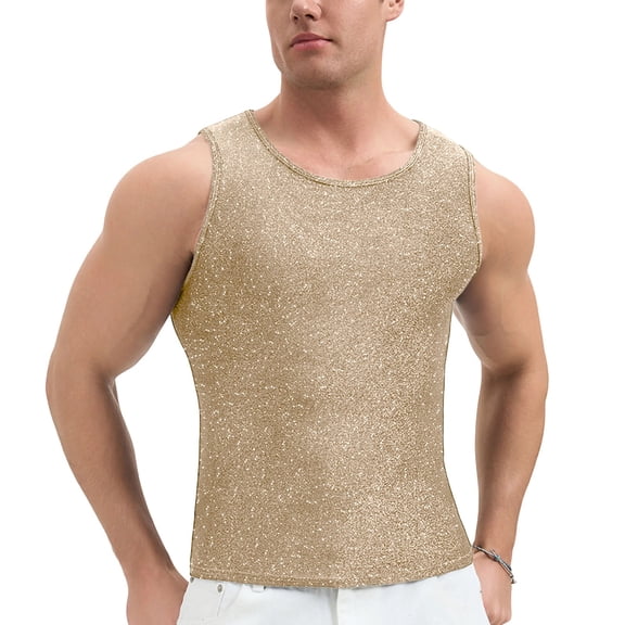 USNSM Men's Glitter Tank Top Sleeveless Mesh Shirt Slim Fit Muscle Tees Sparkly Disco Tanks for Clubwear Waistcoat Yellow L