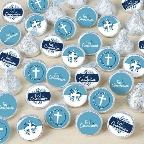 Big Dot of Happiness First Communion Blue Elegant Cross - Boy Religious Party Small Round Candy Stickers - Party Favor Labels - 324 Count