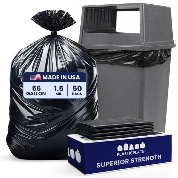 Plasticplace 56 Gallon Trash Bags │ 1.5 Mil │ Black Garbage Can Liners, Fits Glutton Garbage Can │ 43” x 46” (50 Count)