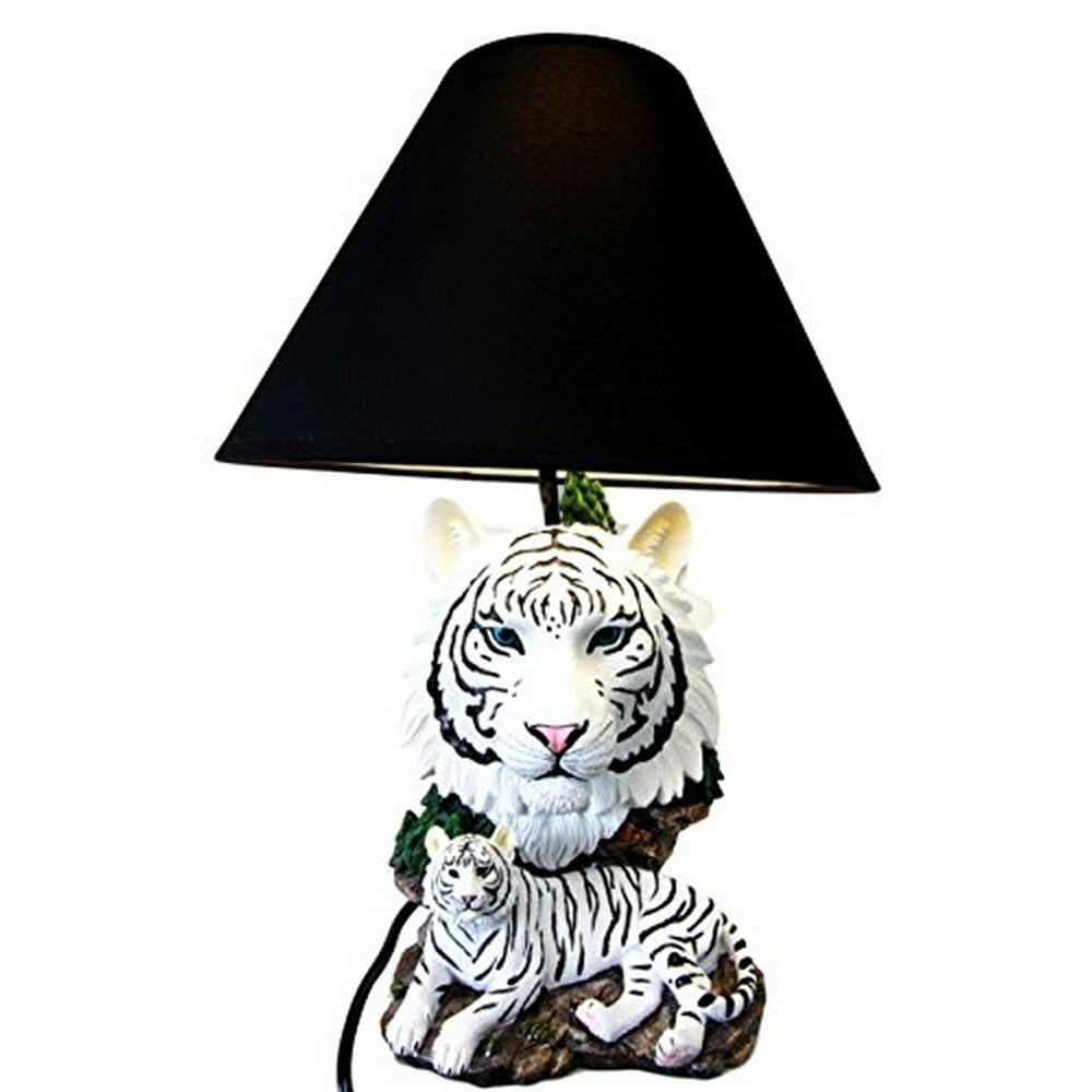 Ebros White Rare Alaskan Tiger Desktop Table Lamp Statue With Black Fabric Shade Siberian Albino