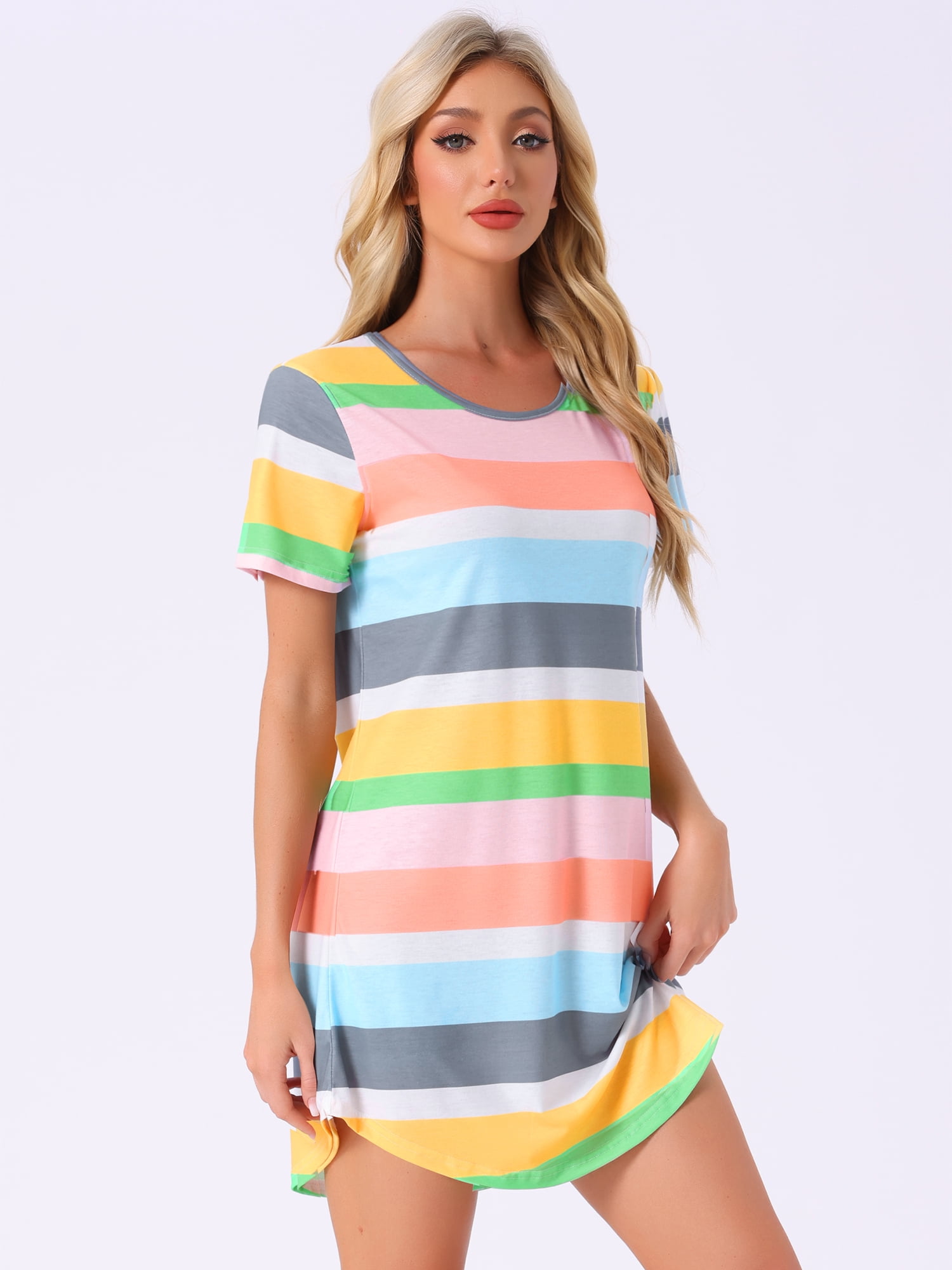 DARING DIVA Women's Colorful Striped Short Sleeve Nightgown S Green