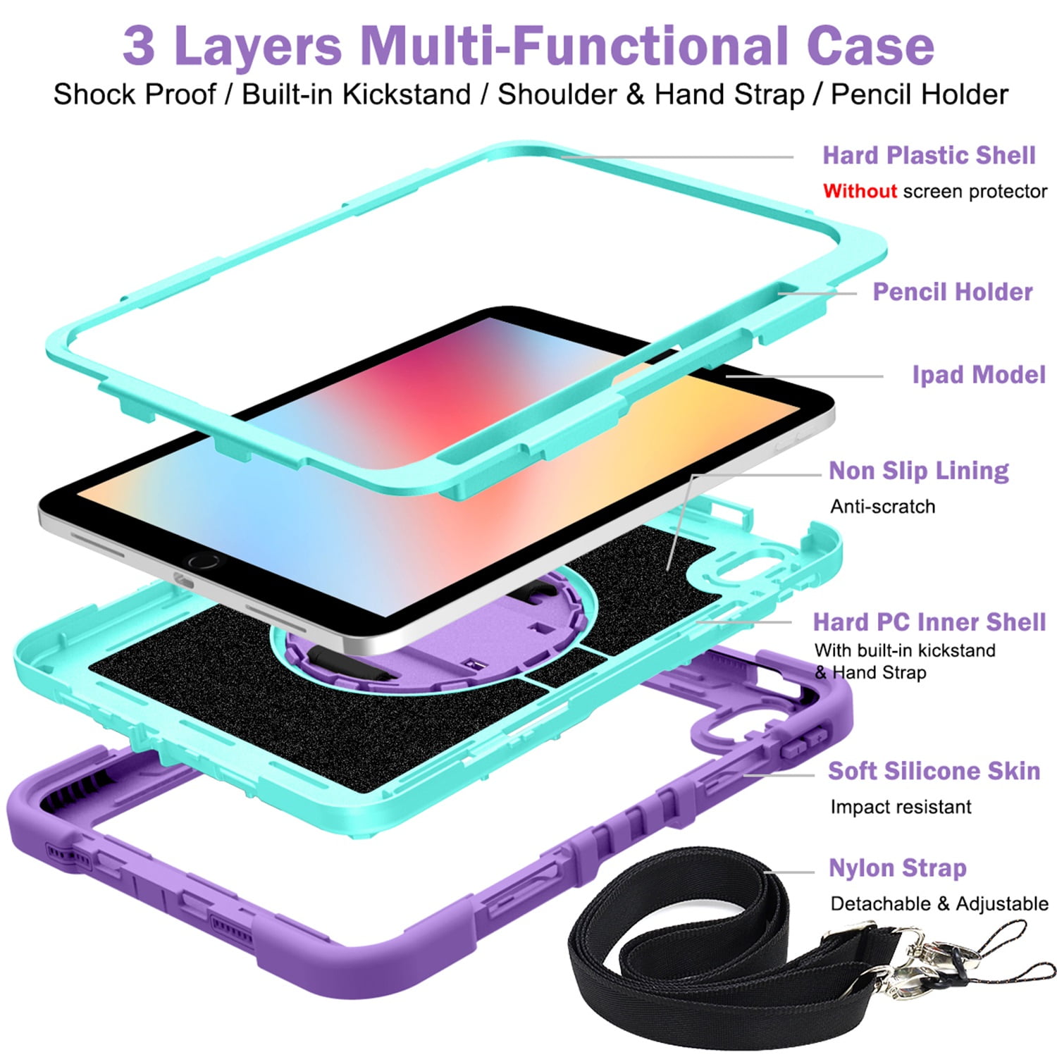 Tarise Case for Apple iPad 10th Generation 10.9" (2022), 360° Rotating Kickstand with Pencil Holder/Hand Strap/Shoulder Strap Hard PC Rugged Silicone Shockproof Bumper Stand Cover,Purple + Mint Green