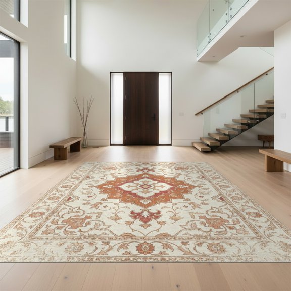 Design&I 8'x10' Washable Area Rug Extra Large Skid-Resistant Low Profile Distressed Scroll Border Traditional Patterned Hippie Vintage Orange Playful for Living Room, Family