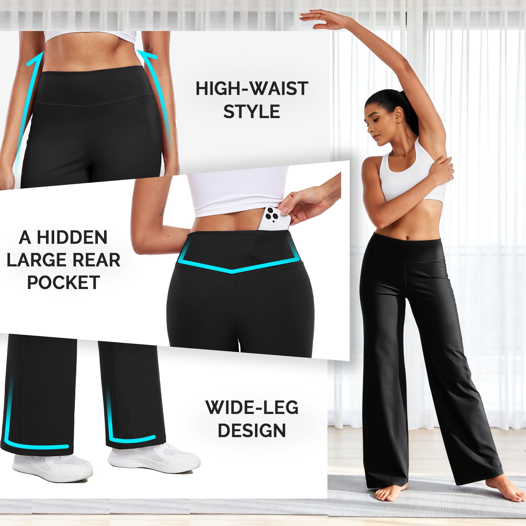 NELEUS ButterSoftFlex Womens Wide Leg Pants Athletic Yoga Legging Casual Sweatpants with Waistband Pocket,Black,US Size XL